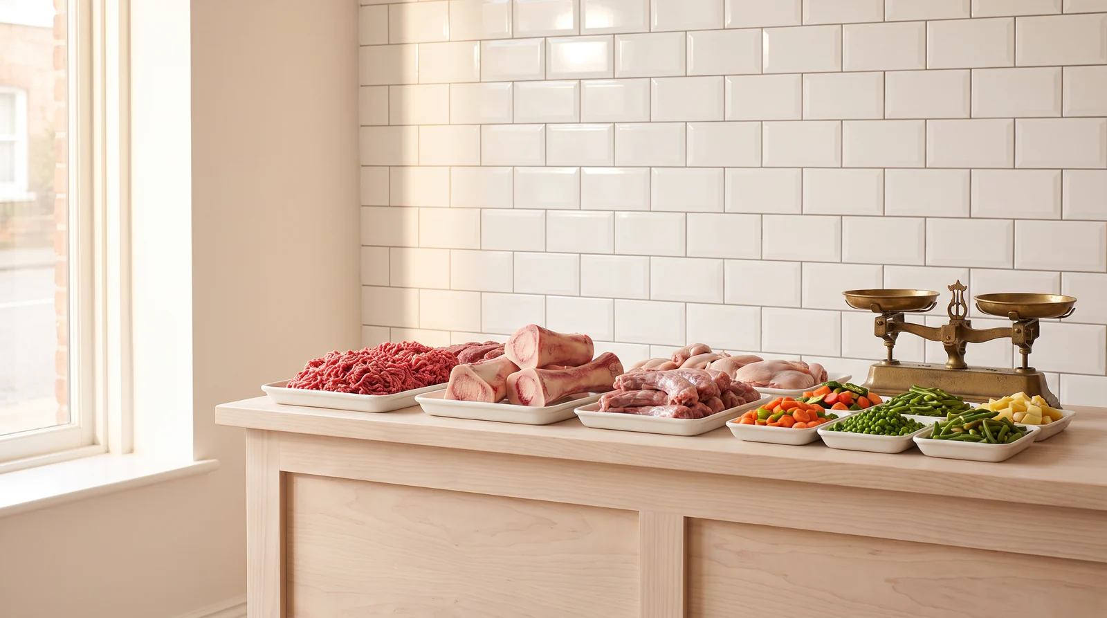 A pale wood counter with trays of fresh mince, bones and vegetables