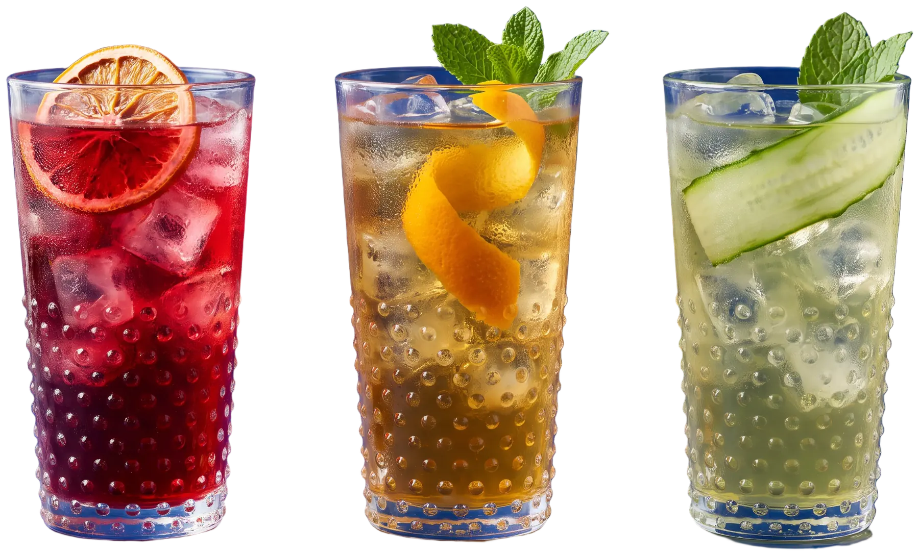 Three hobnail glasses of iced tea in ruby, amber and green