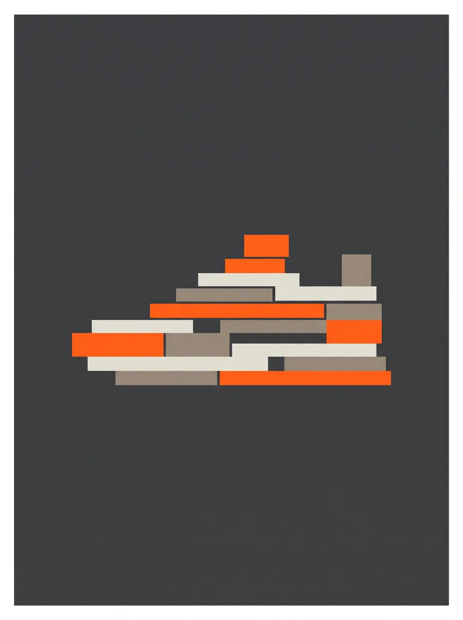 A large poster: an abstract sneaker made of stacked orange and grey slabs on a deep graphite field