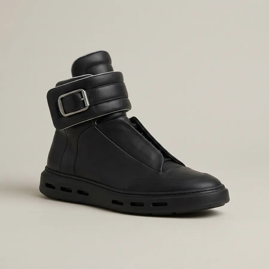 The Slab High: a matte black leather high-top with one wide ankle strap and a thick slotted rubber sole