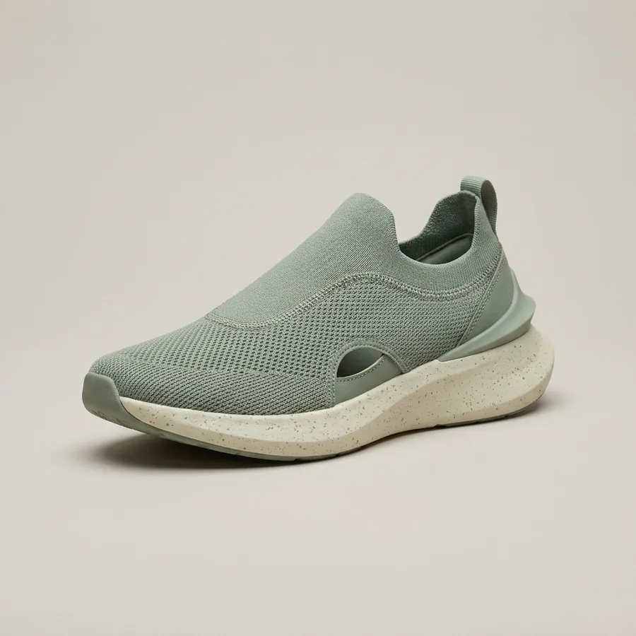 The Vane Slip: a laceless sage green mesh trainer with a speckled cream sole that sweeps up into a fin at the heel