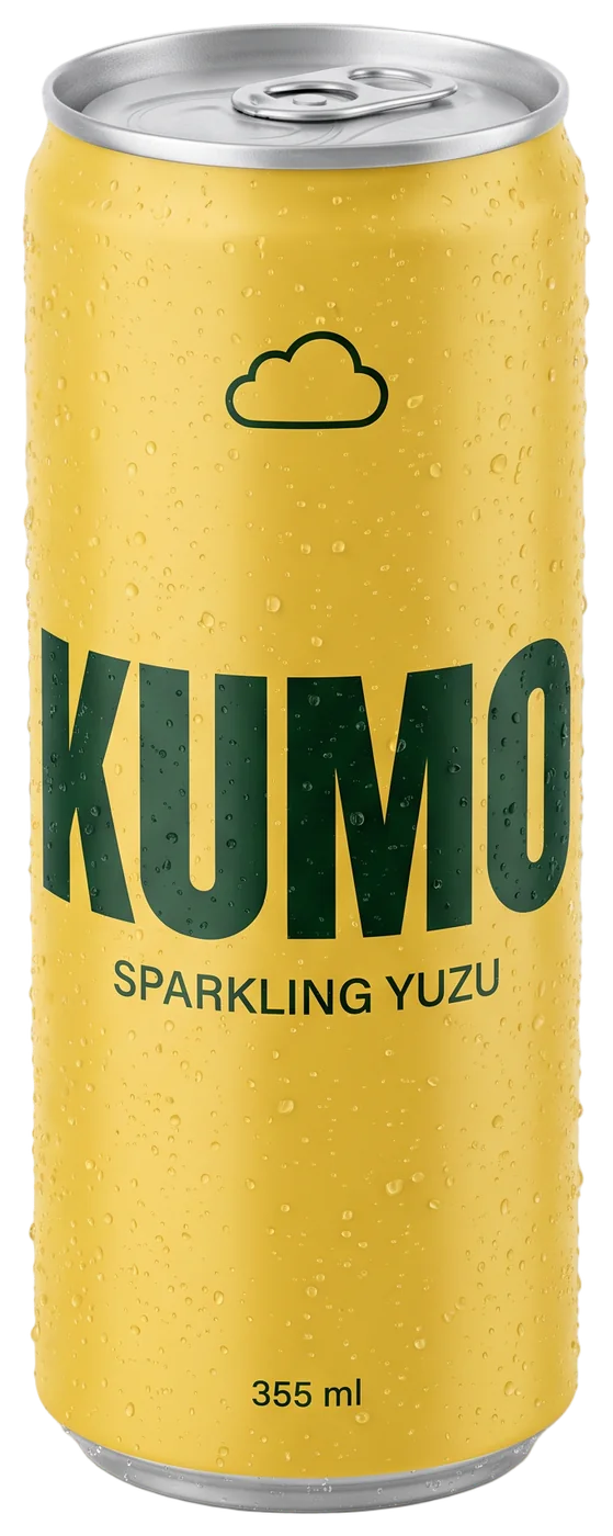 A yellow can of Kumo sparkling yuzu, beaded with cold