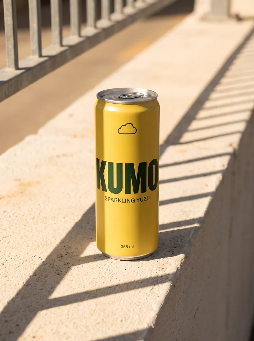 A can of Kumo on a concrete ledge in striped afternoon shadow