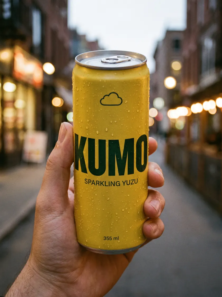 A hand holding a can of Kumo out on a city street at dusk