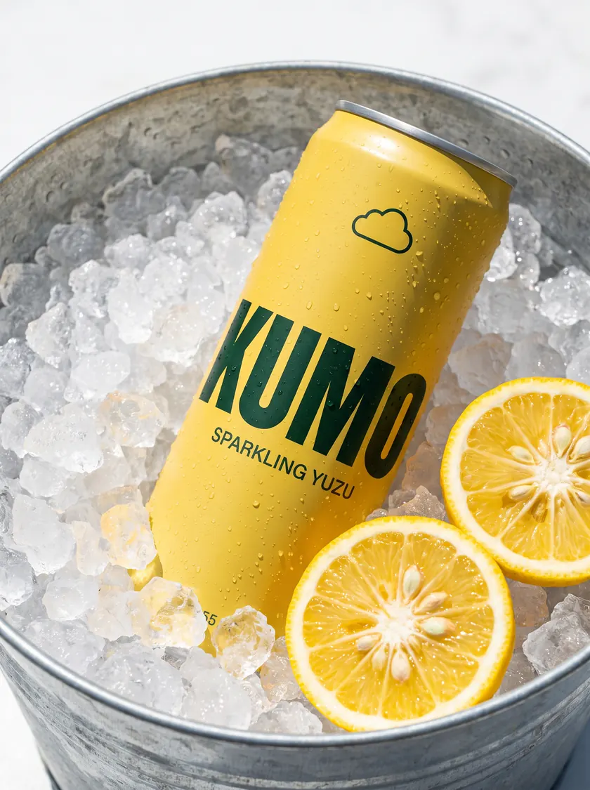 A can of Kumo in a bucket of crushed ice beside two halved yuzu