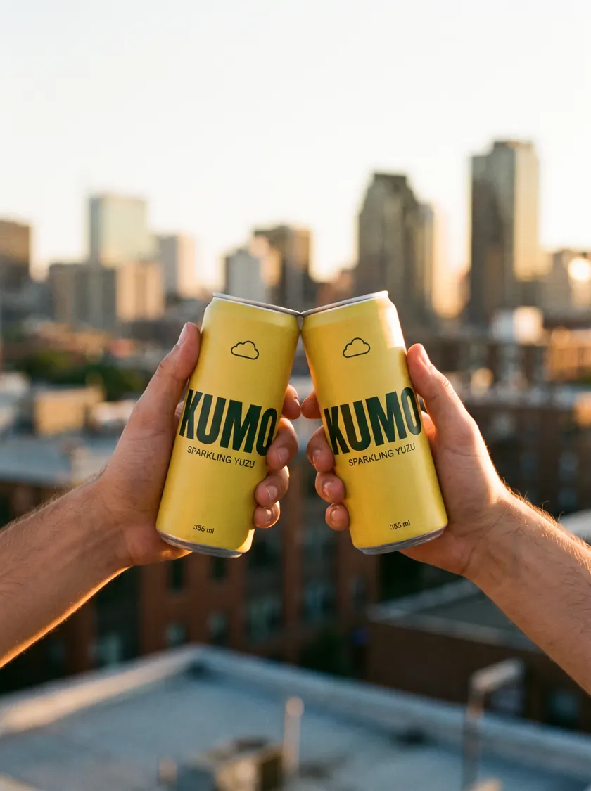 Two cans of Kumo clinked together on a rooftop at golden hour