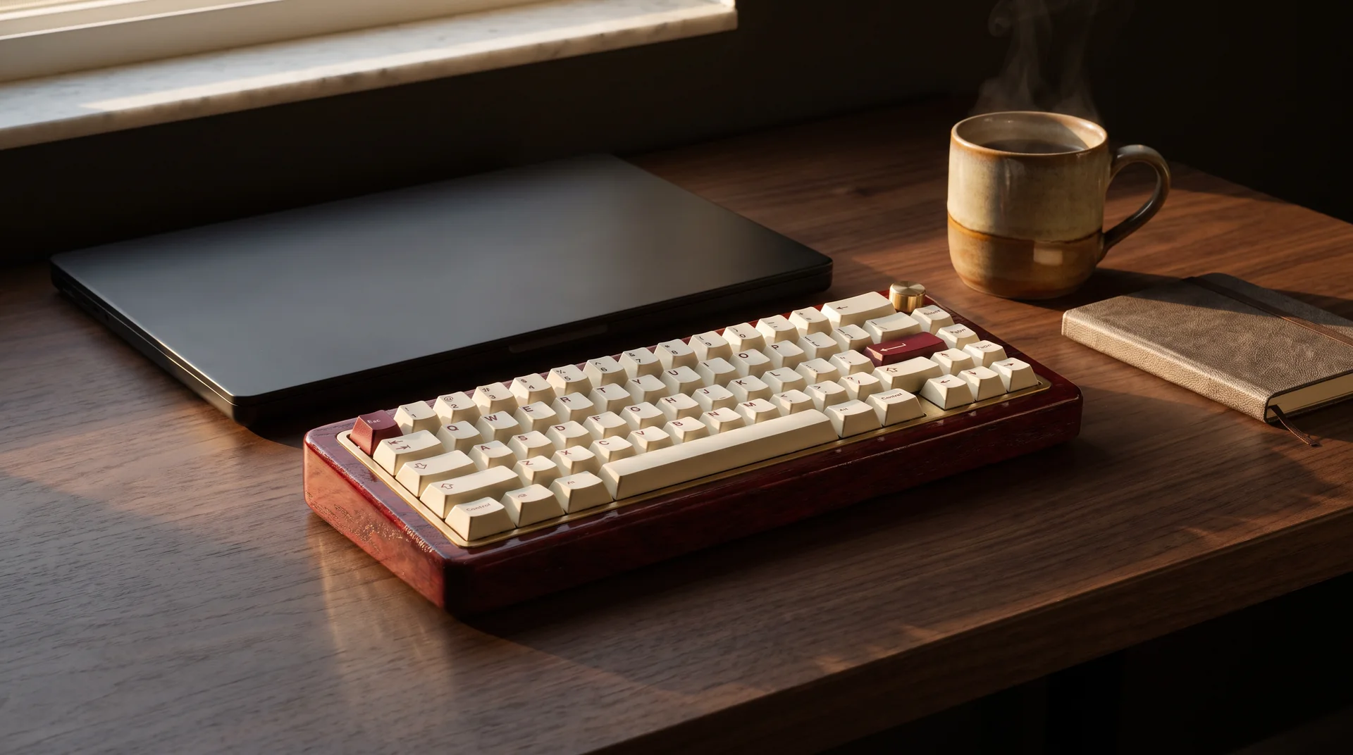 The Lacewood keyboard on a dark walnut desk beside a laptop and a cup
