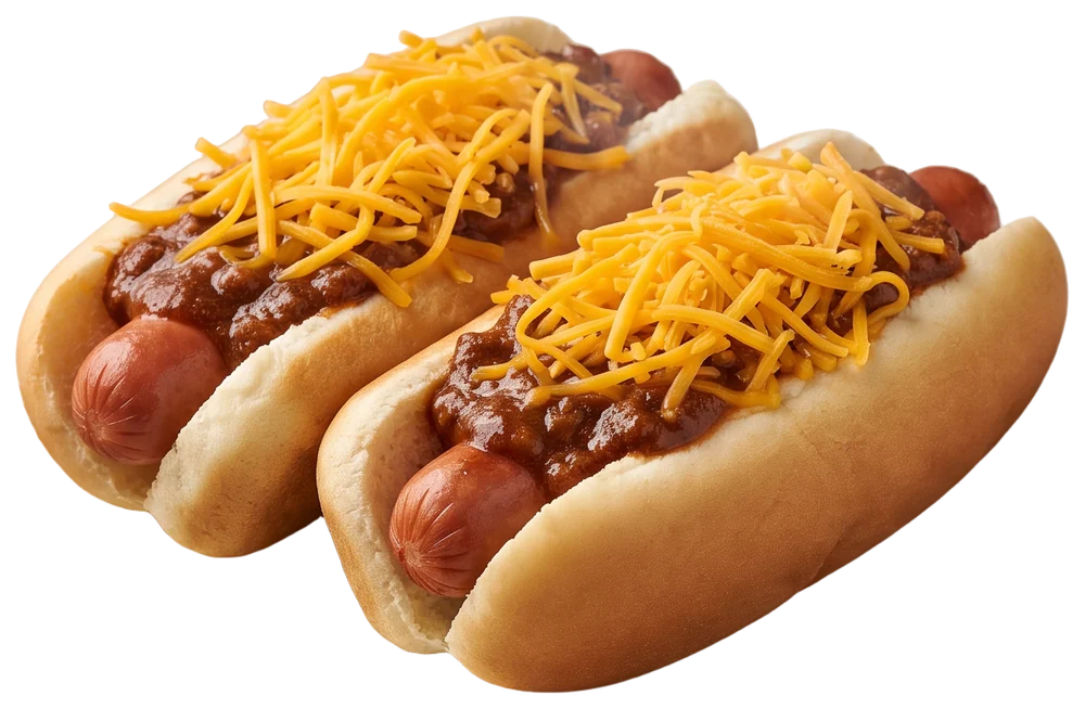 Two steamed buns on an oval plate, each with a frankfurter, dark chili and shredded cheddar