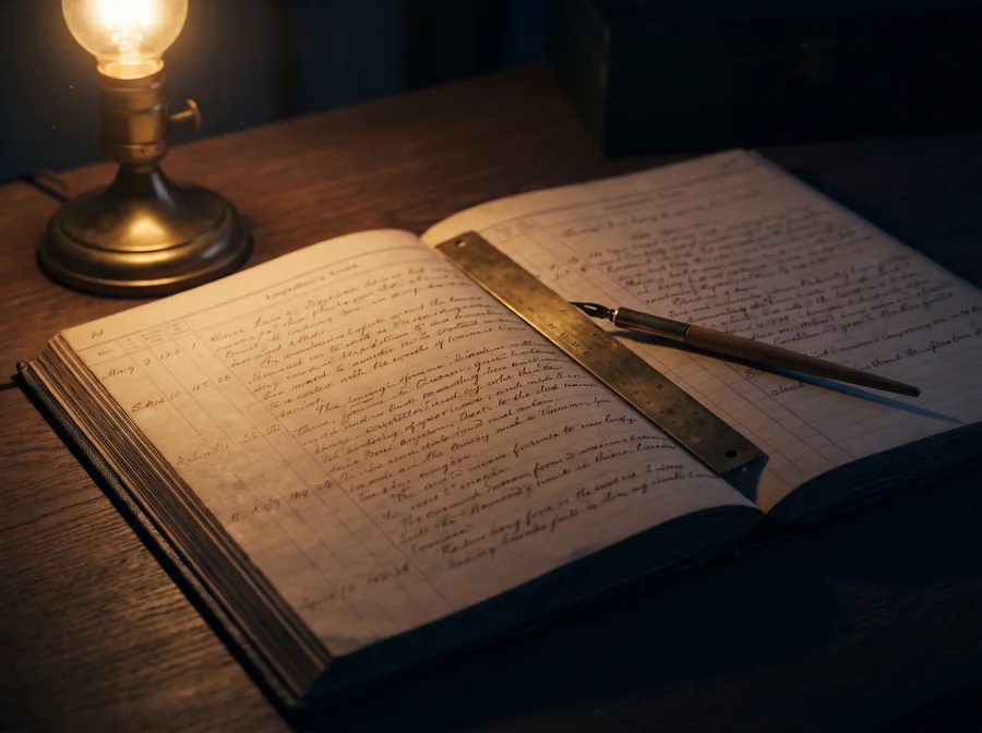 An open ship's logbook on a dark desk, ruled columns of handwritten entries beside a brass ruler