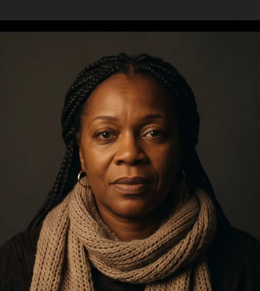 Portrait of a fictional woman with braids and a knitted scarf