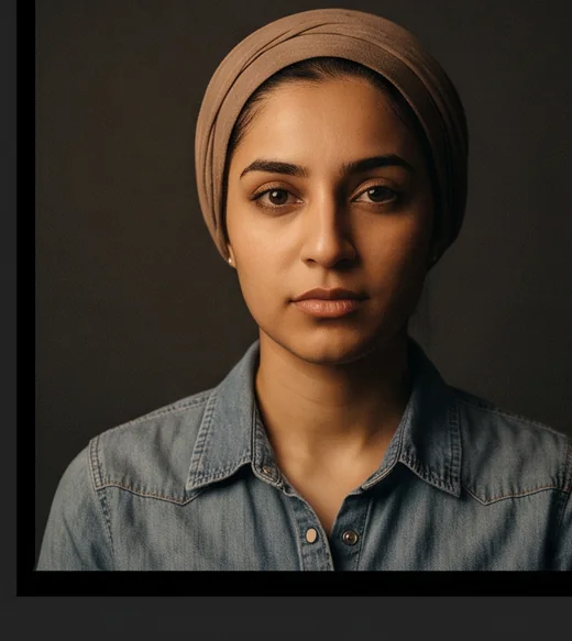 Portrait of a fictional young woman in a head scarf and a denim shirt