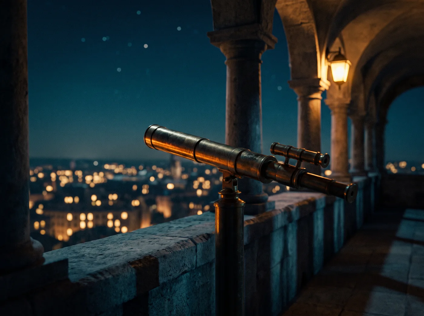 A brass telescope on the stone parapet of an arched loggia at night, looking over a city of lit windows