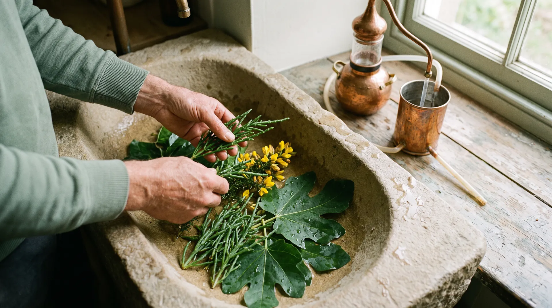 Two hands rinsing samphire, gorse flowers and fig leaves in a stone sink beside a small glass still
