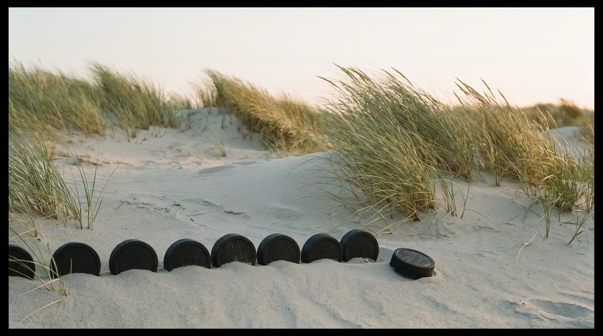 Pale sand dunes with marram grass and a row of round black caps half sunk in the sand