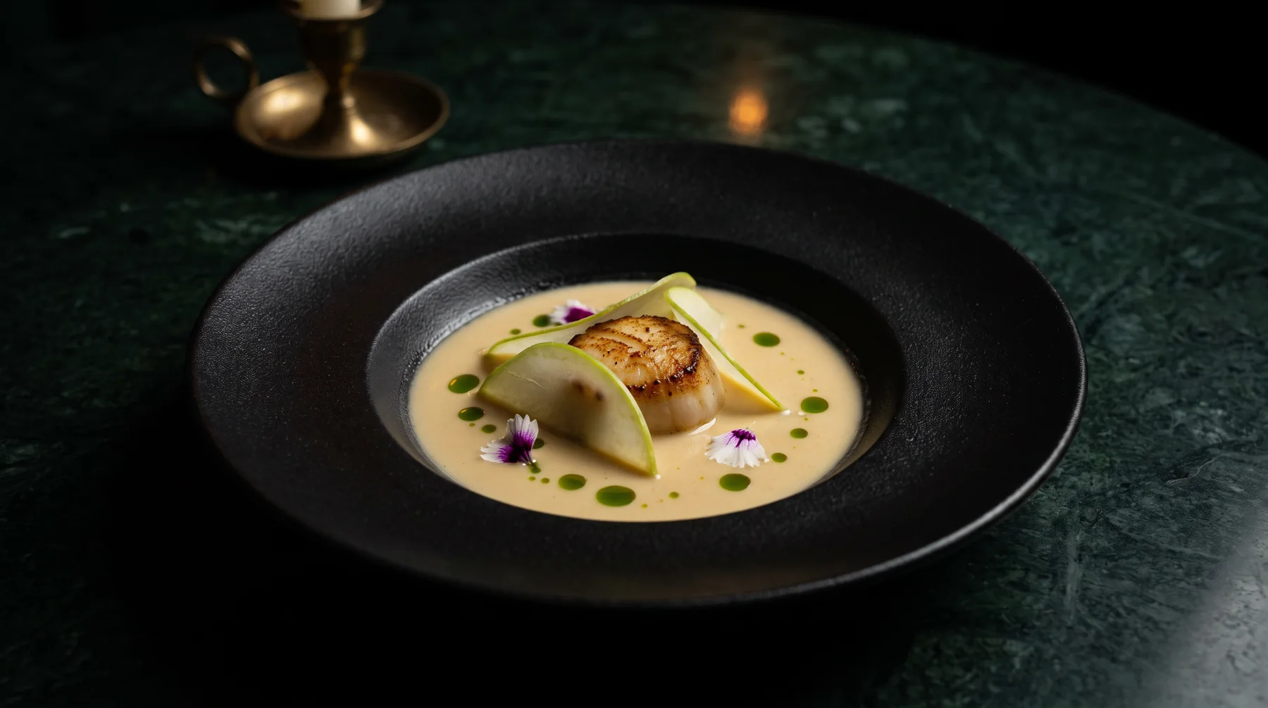 A seared scallop in coconut broth with green mango and curry leaf oil on a black plate