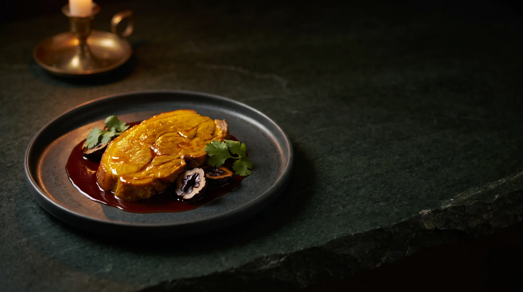 Saffron-stained lamb shoulder with a red sauce and pickled walnut on a dark glazed plate