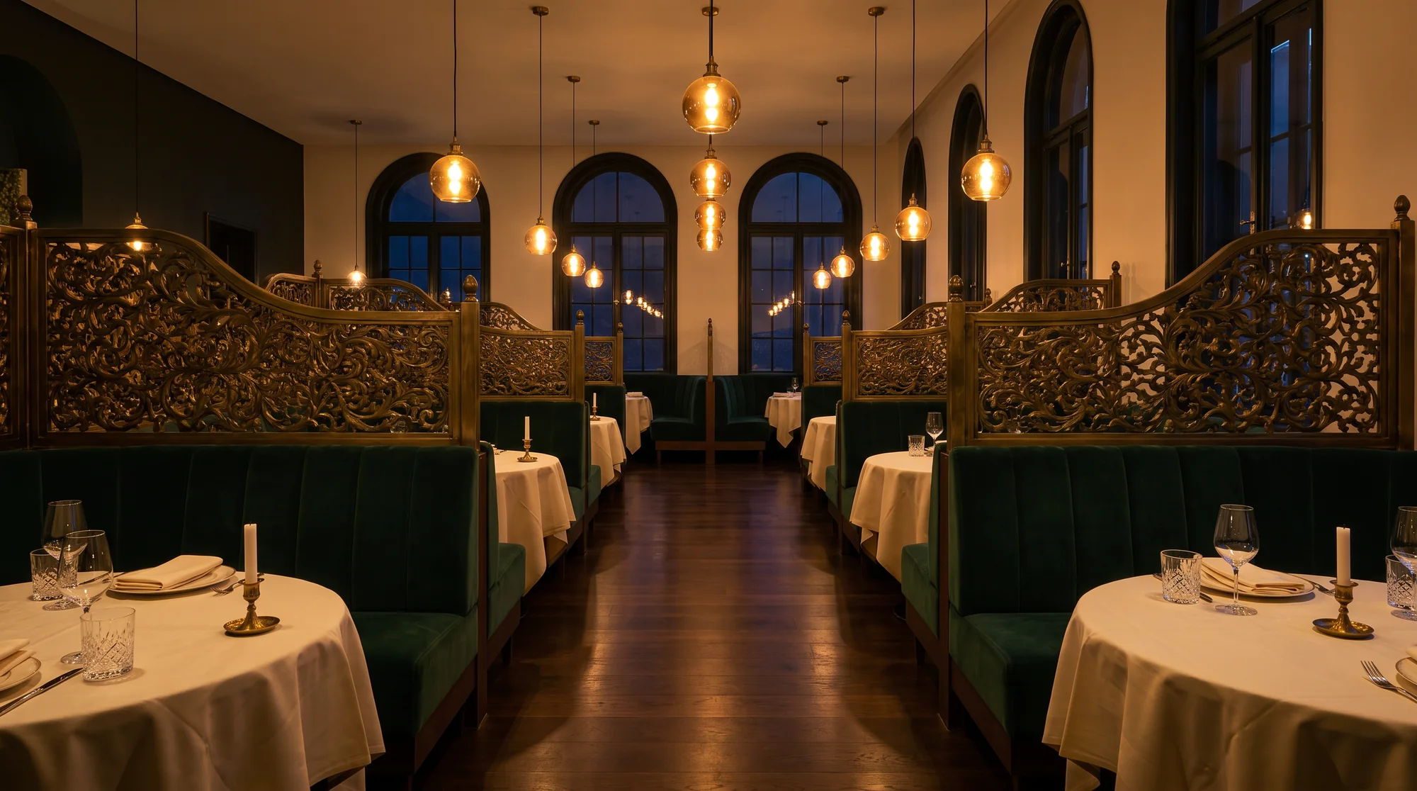 An empty fine-dining room at dusk with bottle-green velvet banquettes, brass pendant lamps and candlelit tables set with ivory linen, running back to tall arched windows