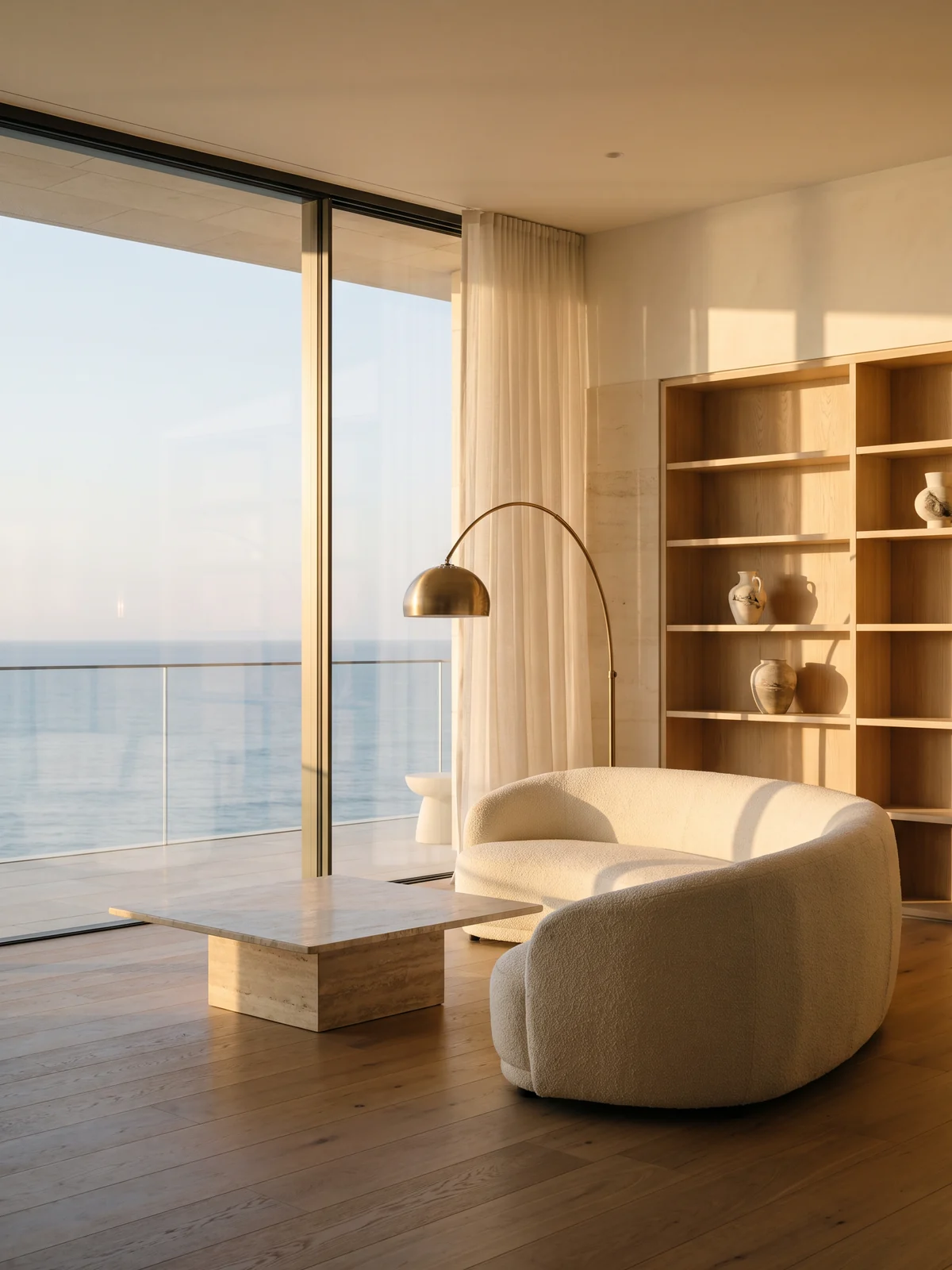 A penthouse living room with a glass wall to the sea, a curved cream sofa and a bronze arc lamp