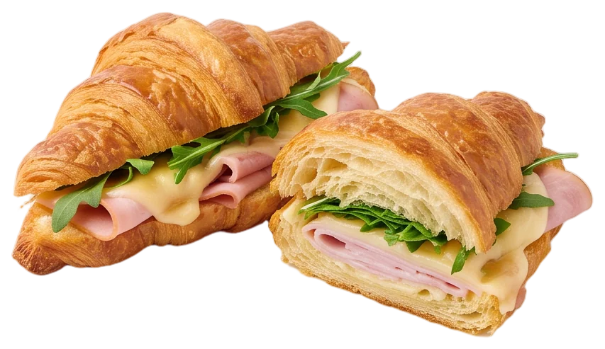 A croissant sandwich cut in half