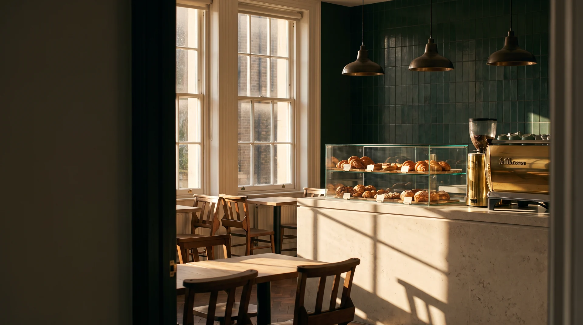 The inside of a small croissant cafe at opening time, low sun on a stone counter and wooden tables