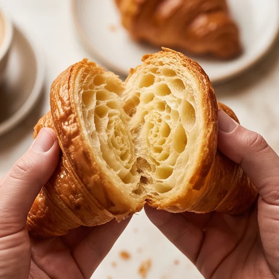 Hands pulling a warm croissant apart to show the crumb