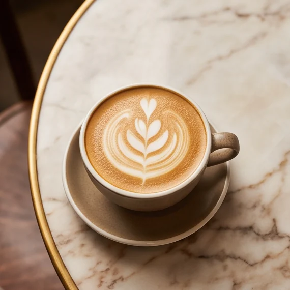 A flat white with latte art on a marble table, seen from above