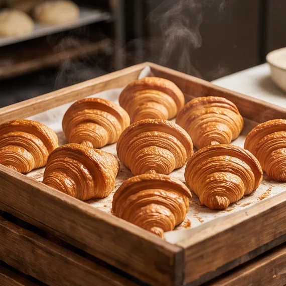 A wooden tray of golden croissants fresh from the oven