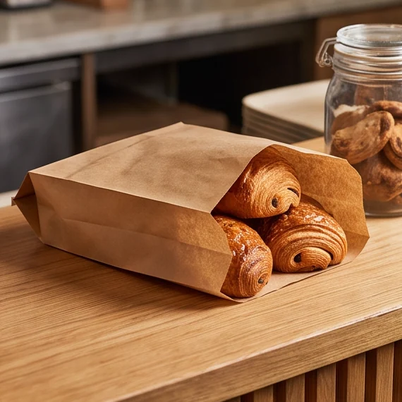 A paper bag of pastries on the counter