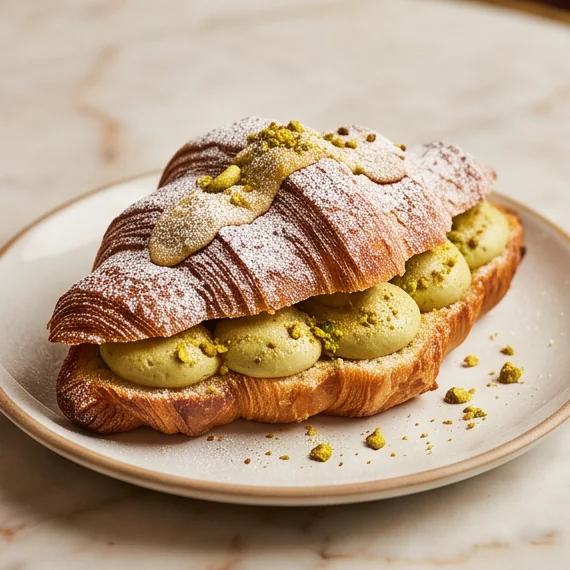 A cut almond croissant with pistachio cream