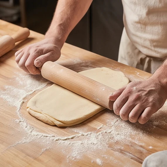 Hands rolling laminated dough on a floured bench