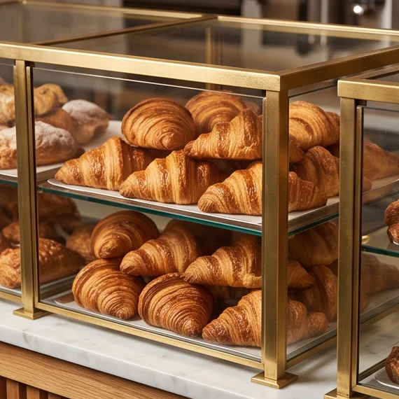 Croissants stacked in a glass case with brass rails