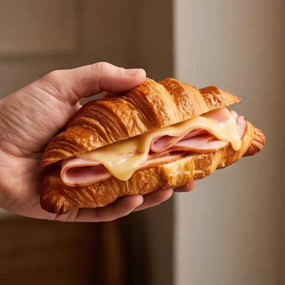 A croissant sandwich with ham and cheese held in one hand