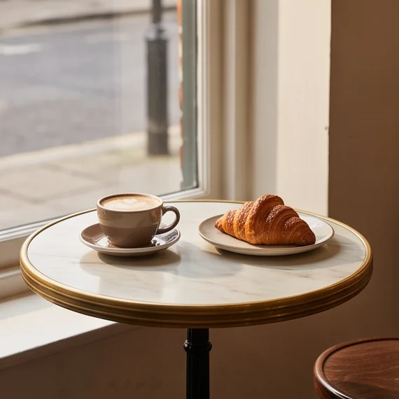 A coffee and a croissant on a small table by the window