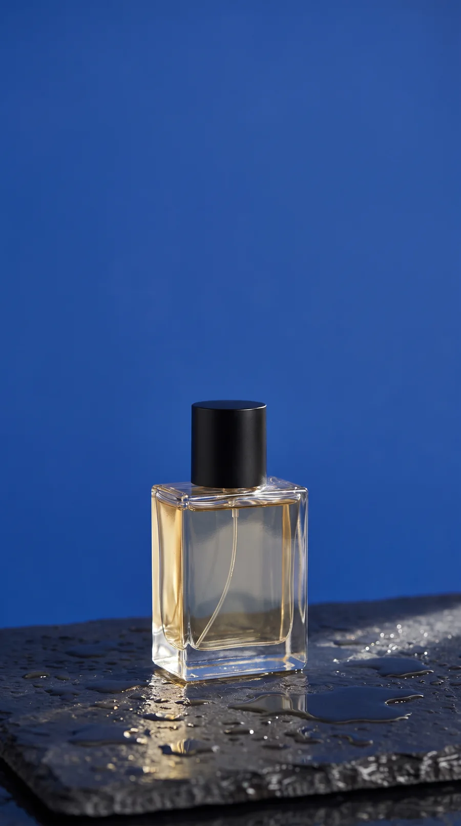 A perfume bottle on wet stone in front of a cobalt wall, crossed by one sunbeam