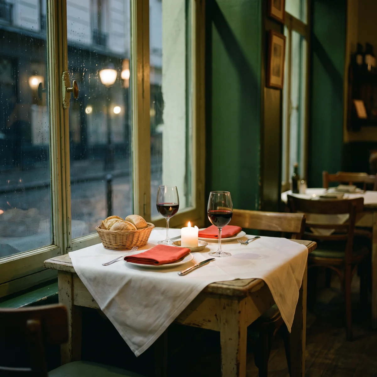A small restaurant table set for two by a window in the evening