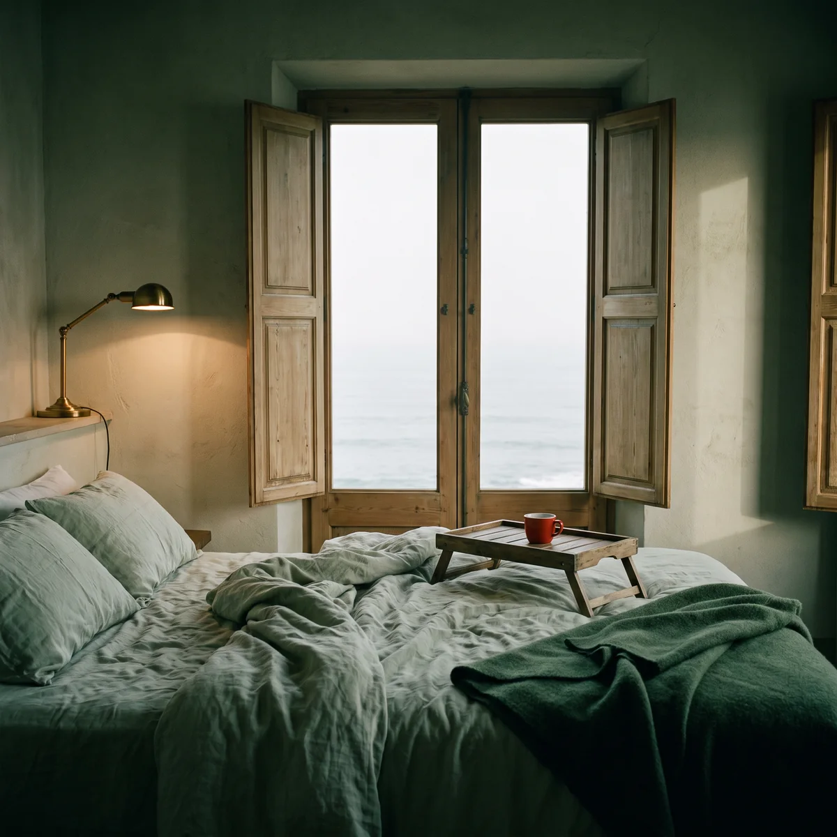 A quiet hotel room in the morning with shutters open onto the sea