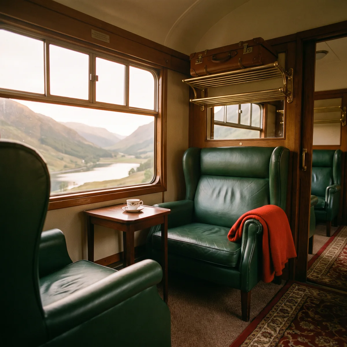 A first class train compartment at golden hour with a valley passing the window