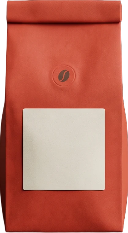 A vermilion coffee bag standing on a dark panel