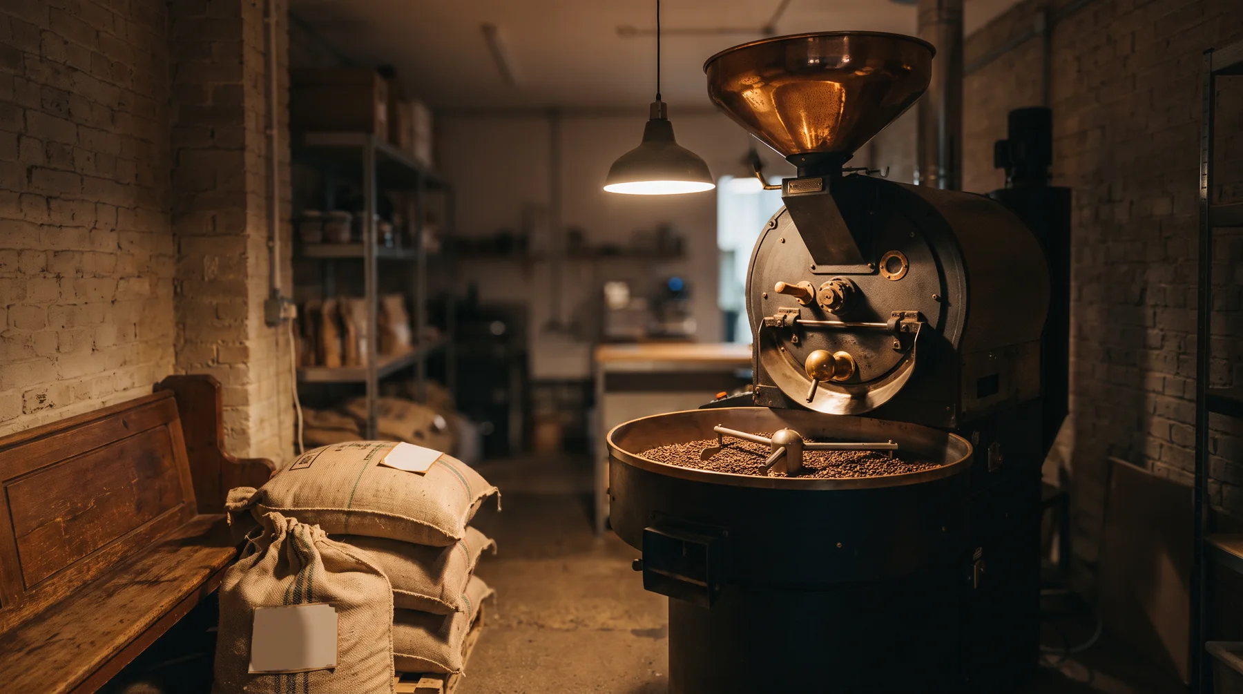A cast-iron drum roaster with a copper hopper and burlap sacks in a brick roastery