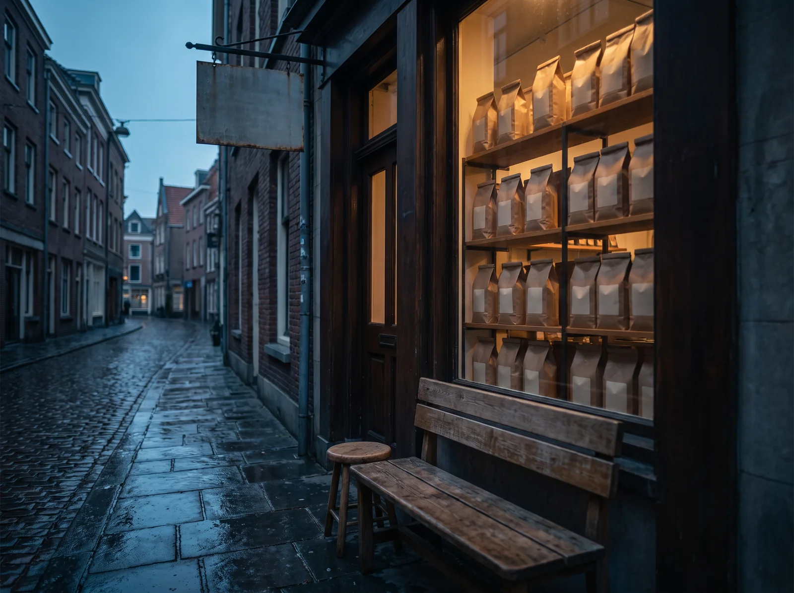 The lit window of a narrow corner coffee shop at blue hour