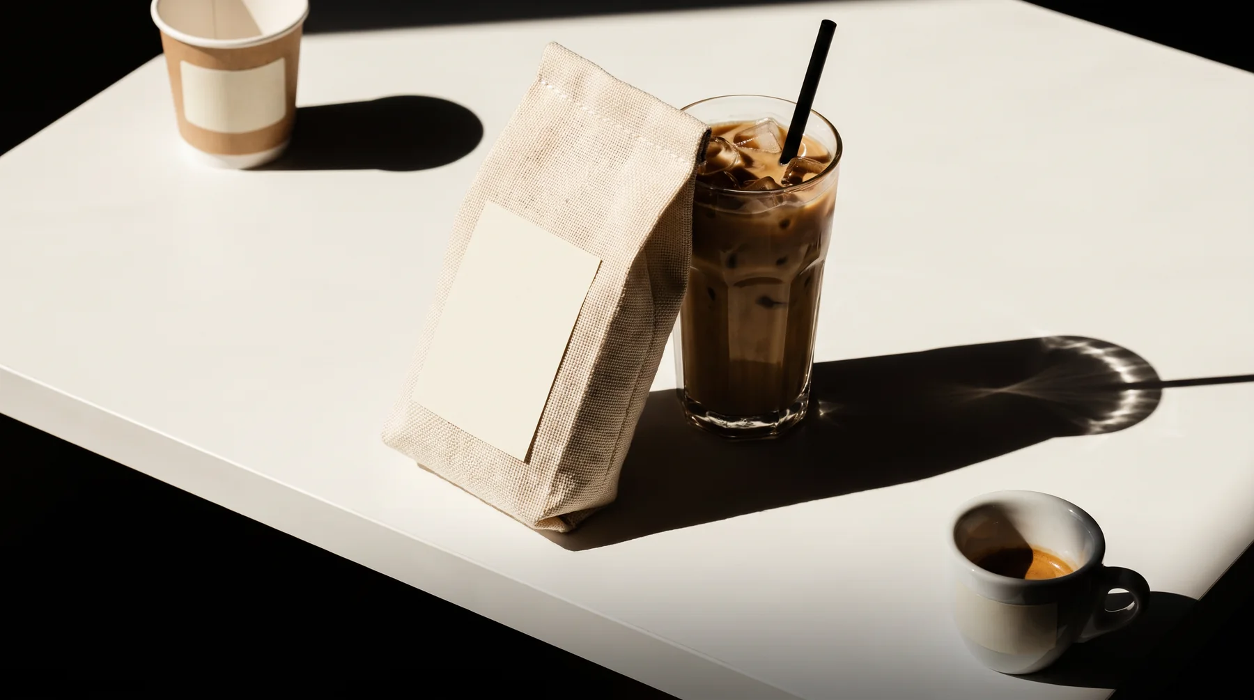 A cream coffee bag and a tall glass of iced coffee on a white table in hard sunlight with long shadows