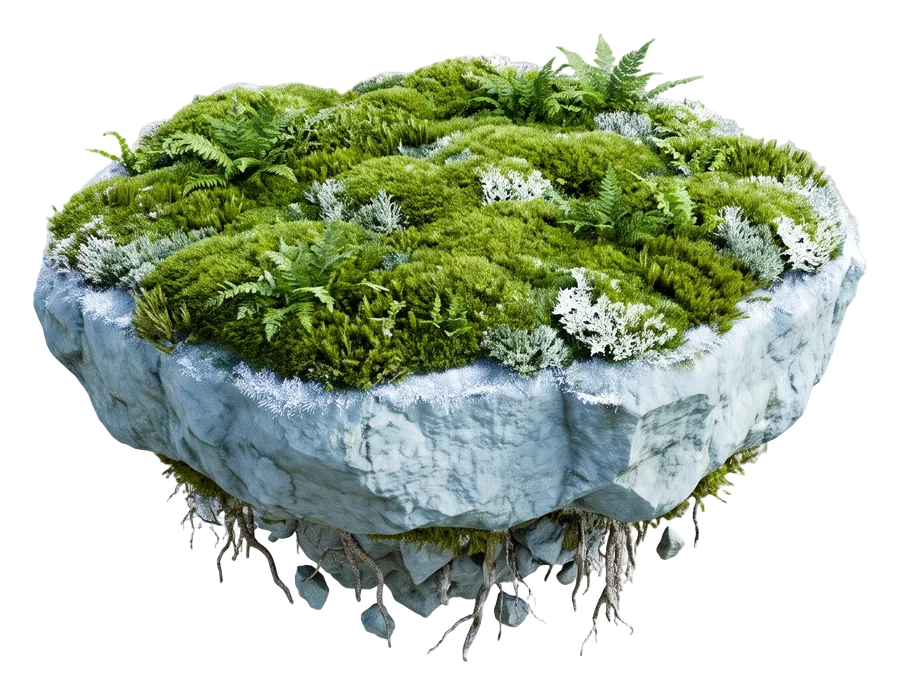 A small floating island of pale stone covered in thick green moss