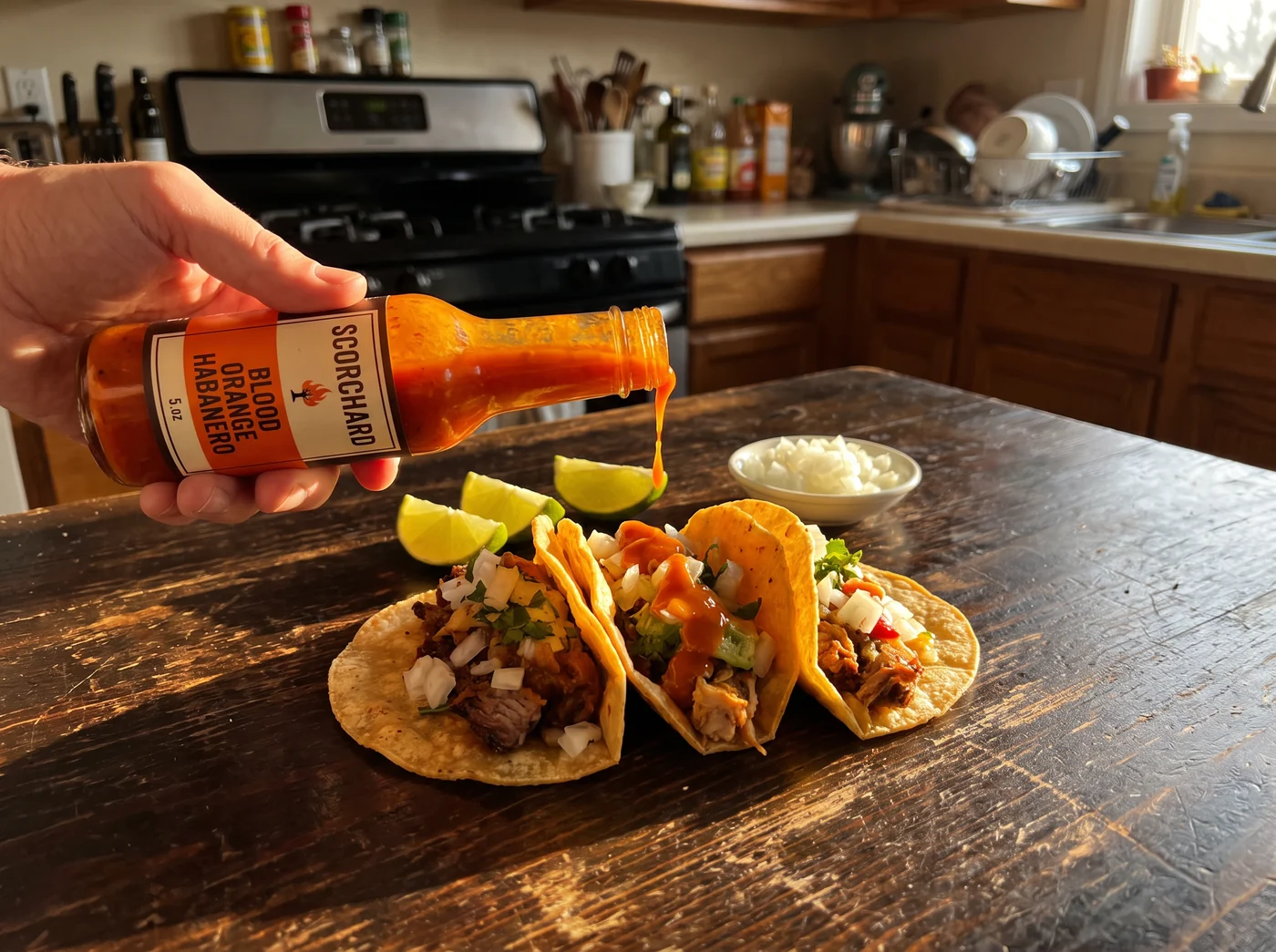 Street tacos on a dark table with a bottle of Scorchard blood orange habanero sauce