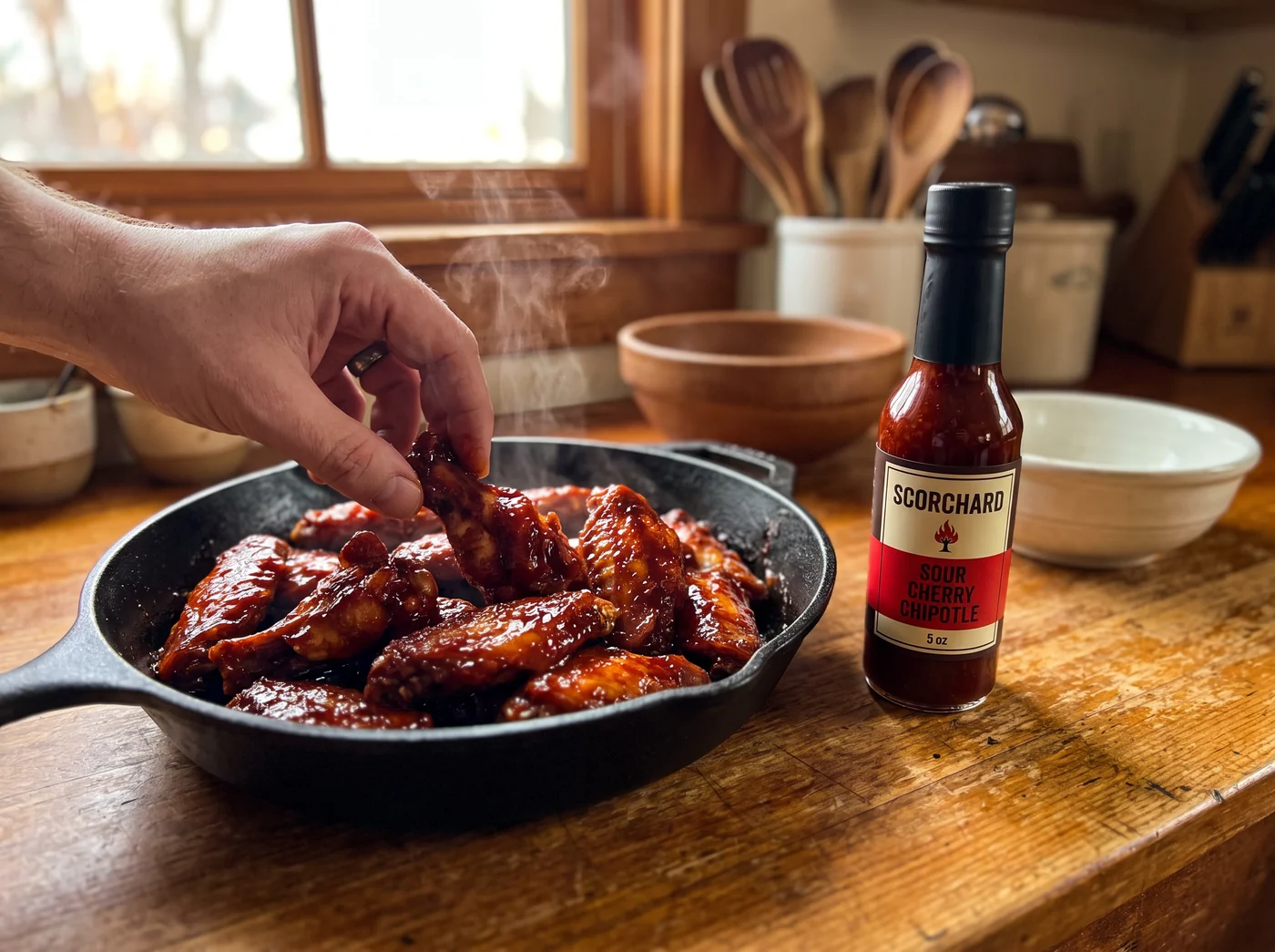 Glazed chicken wings in a skillet next to a bottle of Scorchard sour cherry chipotle sauce