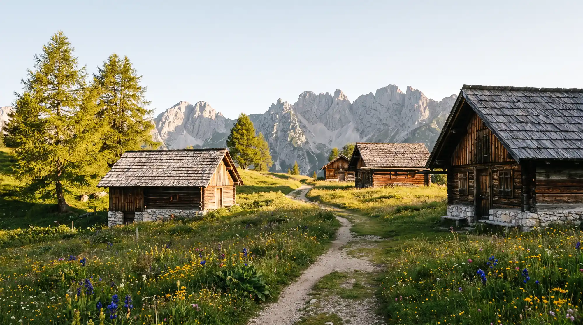 Alpine meadow and larches drawn as vertical lines