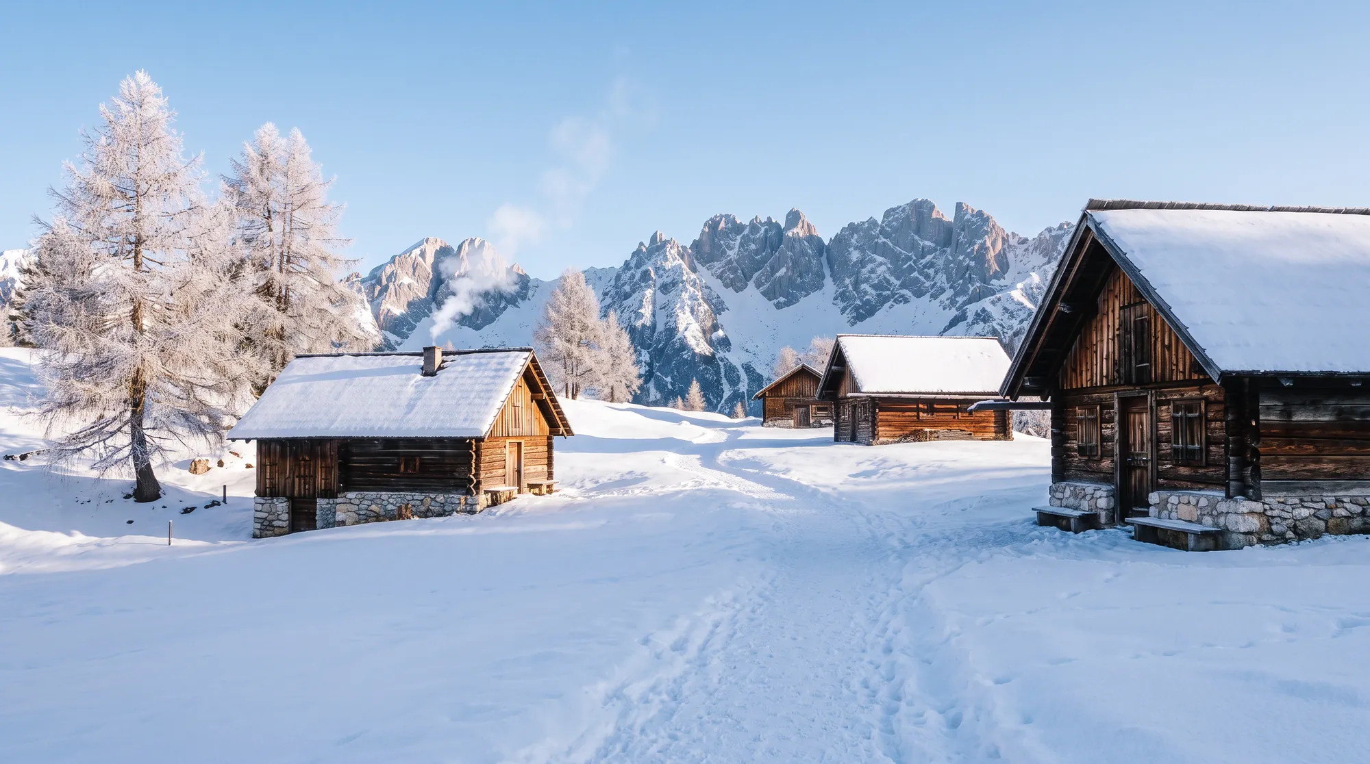 Young explorers' camp: The same alp huts and ridge buried in snow