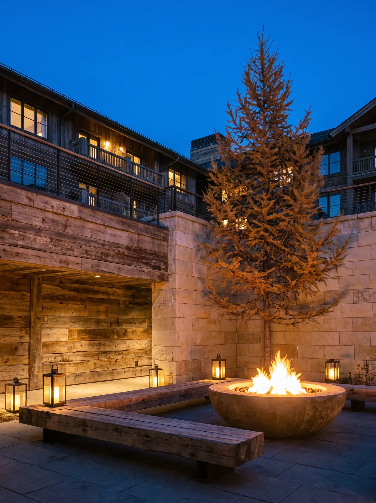 Cuisine: A timber and limestone courtyard at blue hour with a glowing fire bowl