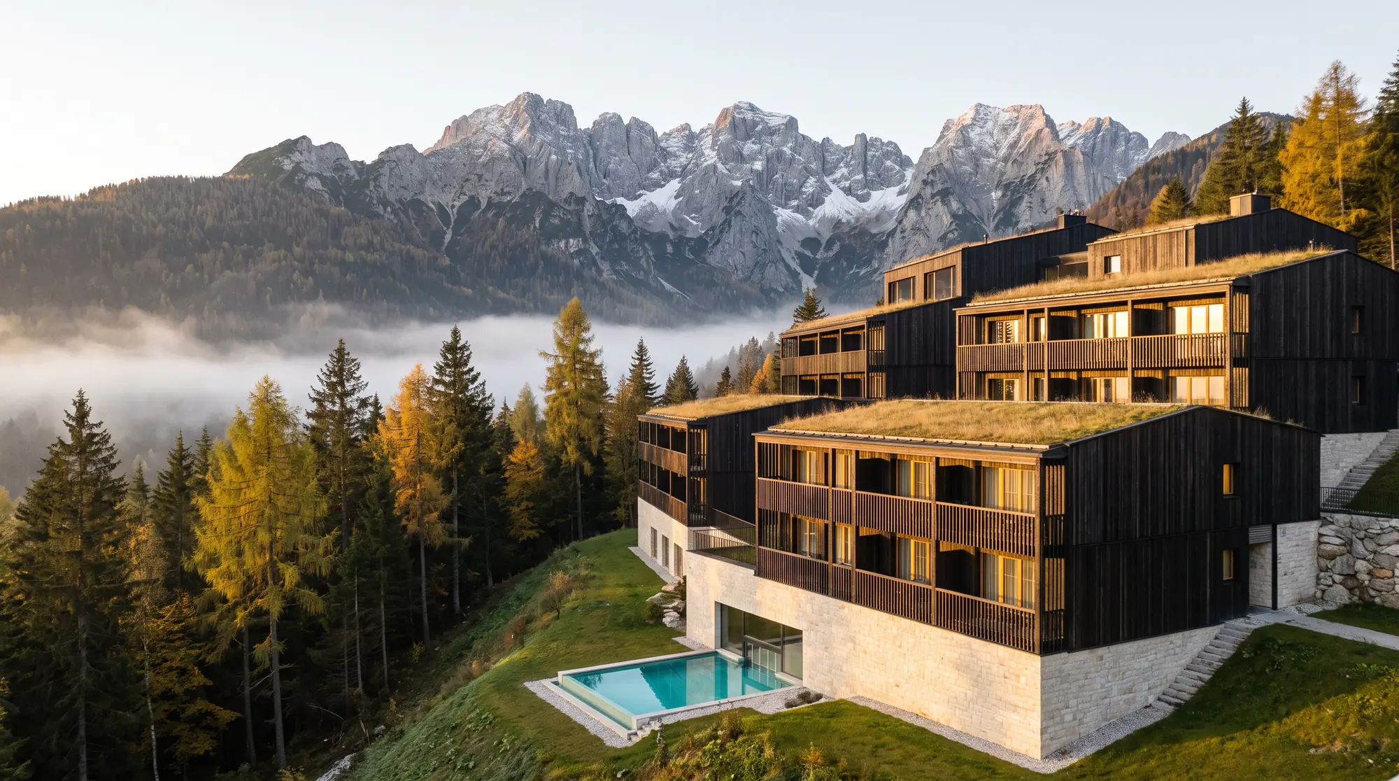 Terraced timber and limestone resort stepping down a forested alpine slope at sunrise