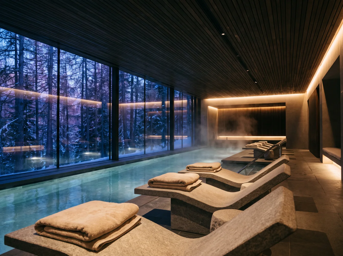 Wellness and spa: An indoor pool under a timber ceiling with a wall of glass onto a snowy larch forest