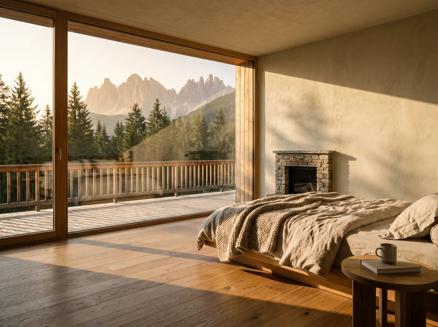 A room for ideas: A mountain suite with a panoramic window, a low bed and a timber terrace